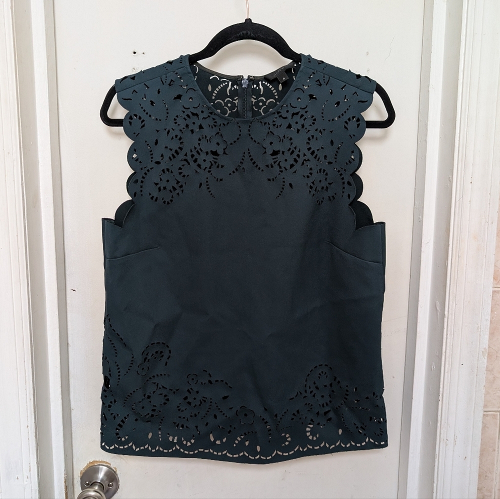 J.Crew Sleeveless Top Blouse 6 Green Lacer Cut Boxy Elegant